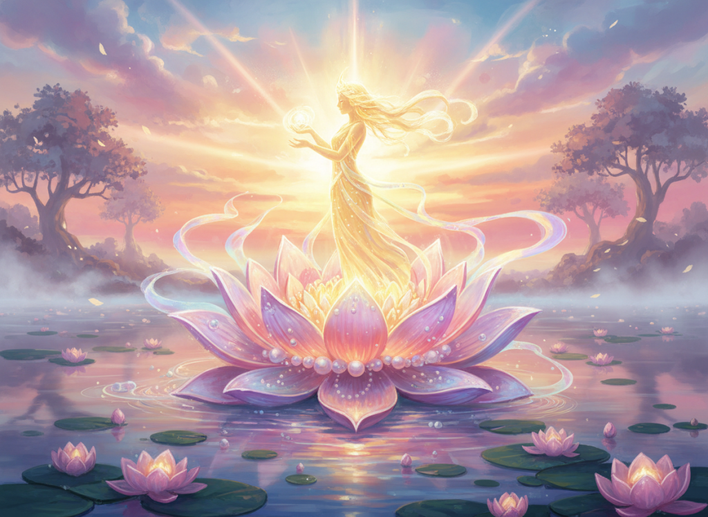 Ethereal figure standing atop a large pink lotus flower on a tranquil lake.